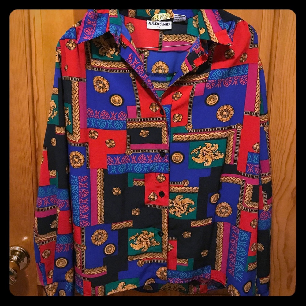 Fun Vintage Alfred Dunner Button Up Blouse with Shoulder Pads. Very 24k Magic